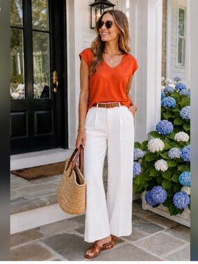 LOFT Orange Cotton V-Neck Tee | Vintage Soft Casual Short Sleeve Essential Top